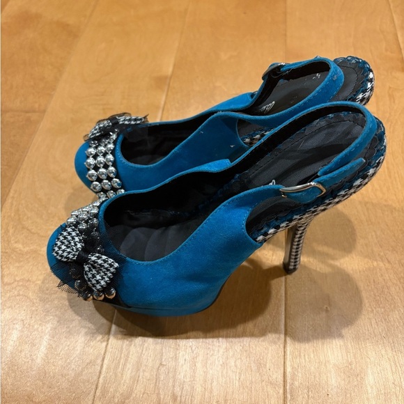 Bettie Page stiletto platform sling back shoes teal blue 9 new pinup - Picture 3 of 9